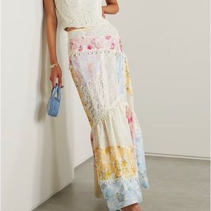 LoveShackFancy Obelia Lace Patchwork Silk Maxi Skirt